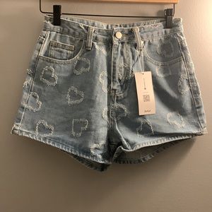 Romwe Denim Frayed Heart Shorts S